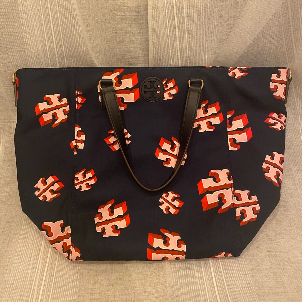 Tory Burch Nylon Printed Tote - Blue Crazy Logo